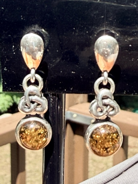 Jewelry - Sterling Silver Celtic Drop Earrings with Amber Stone from Scotland